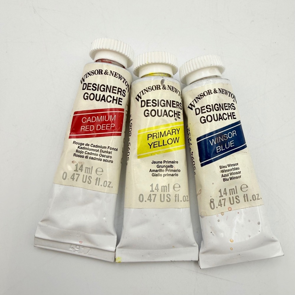 Winsor Newton Designers Gouache 14ml Paint Deep Red Cadmium Yellow Blue 3 Tubes